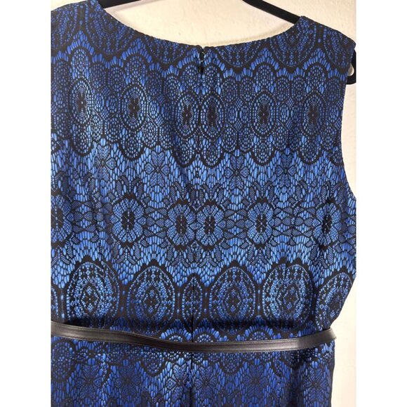 Jones New York Sz 18 Blue Dres w Black Lace Overlay, Lined Sleeveless Belt NYE - Picture 6 of 9